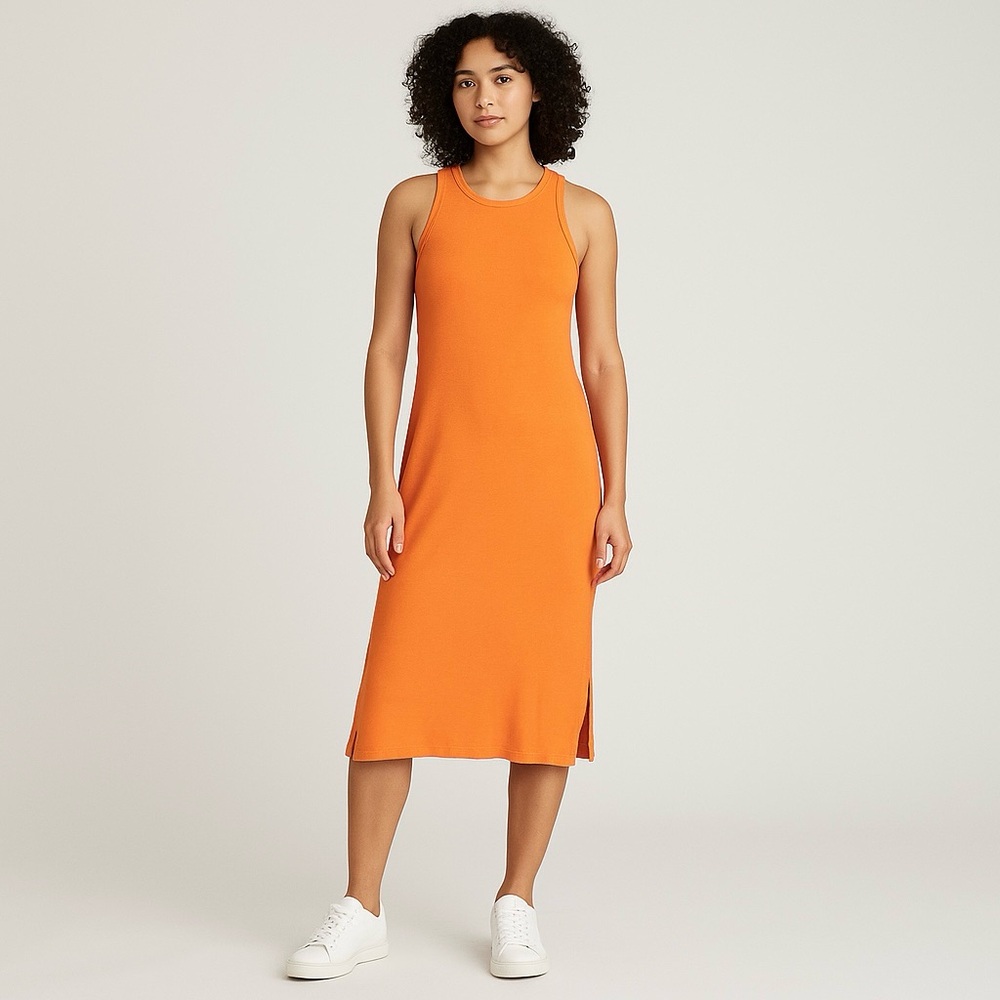 Pact Favorite Rib Racerback Midi Dress Ribbed Organic Cotton SZ L Orange Sporty